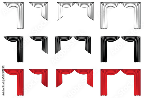 Theater Curtains or Drapes Clipart Set - Outline, Silhouette and Color