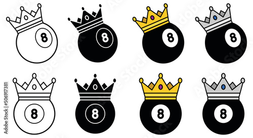 Billiards Pool 8 Ball With a Crown Clipart Set - Outline, Silhouette and Color with Gold and Silver