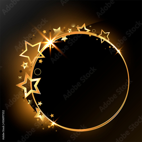 Round glamorous festive golden frame. Golden stars and decorations on a black background