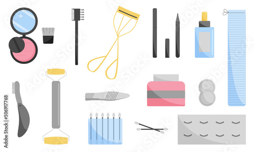 Set of cosmetics. Facial skin care, eyelashes, eyebrows. Flat style. Vector.
