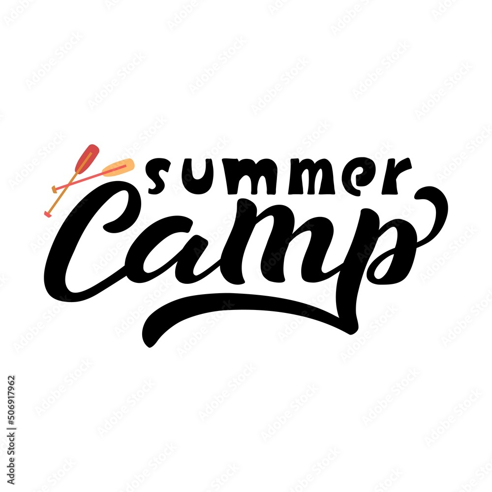 Hand drawn vector illustration with white lettering on textured background Summer Camp for billboard, logo, club, advertising, information poster, website, decoration, flyer, concept, banner, template