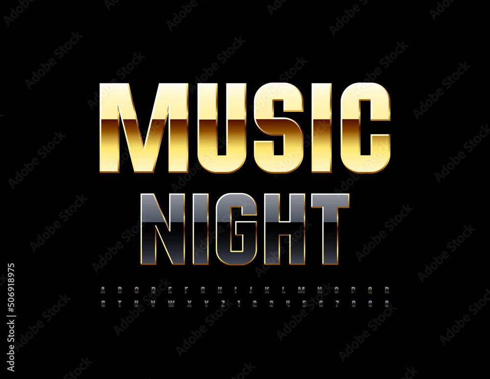Vector chic flyer Music Night. Elite glossy Font. Black and Gold Alphabet Letters and Numbers set