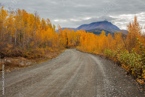 Landscape in autumn colors with gravel road, Wrangell-St. Elias National Park, Alaska