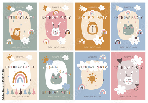 Set of kids birthday cards. Birthday party invitation set with cute bear, hare, frog, sun, rainbow, clouds and trees. Childish printable greeting cards and templates. Vector collection.