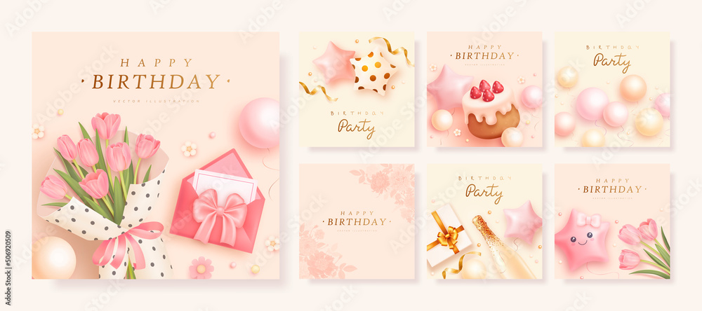 Fototapeta premium Set of happy birthday square greeting card with realistic champagne, tulips, balloons, envelope and gift box. Vector illustration