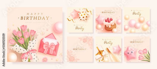 Set of happy birthday square greeting card with realistic champagne, tulips, balloons, envelope and gift box. Vector illustration