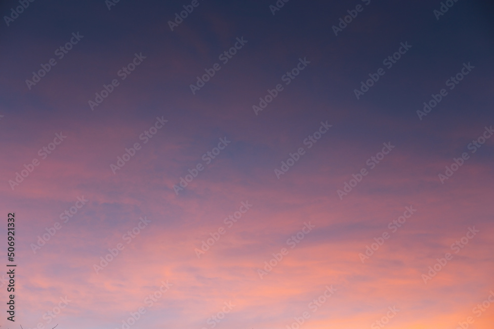 Beautiful colored blue pink sky at sunset. Natural colors.