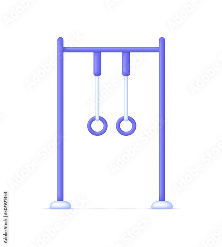 3D Gymnastic rings isolated on white background. Gymnastic rings hanging on rope. Element of sports equipment for gymnasts. Sport concept. Can be used for many purposes.