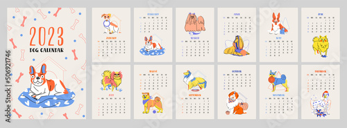Dog vector calendar 2023. Isolated on beige background. Collection with 12 dog breeds. Bright colorful cover and 12 months pages with seasonal vector illustrations. Week starts on Sunday