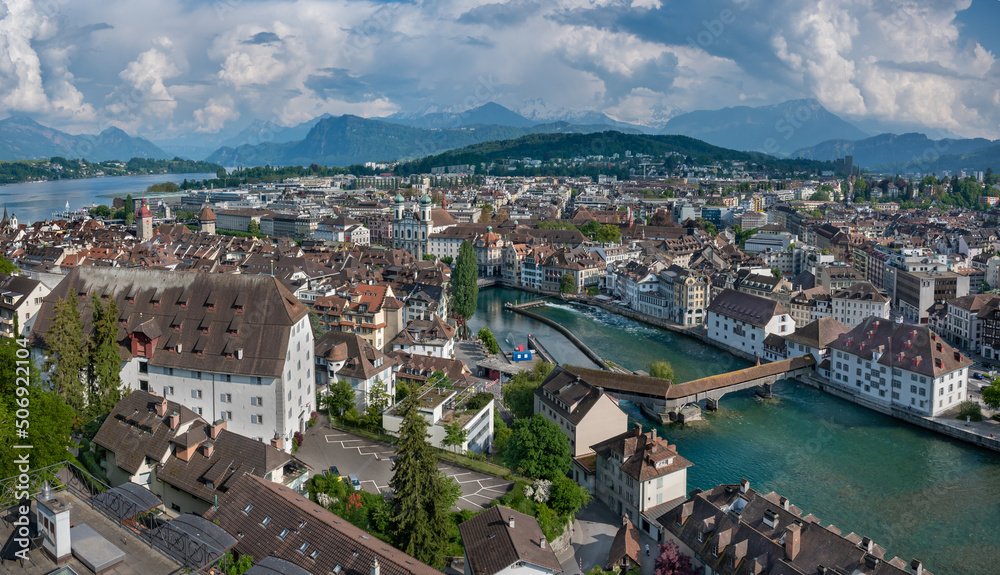 City of Luzern panoramic aerial view.  Alps and lake Luzern on background. Switzerland.