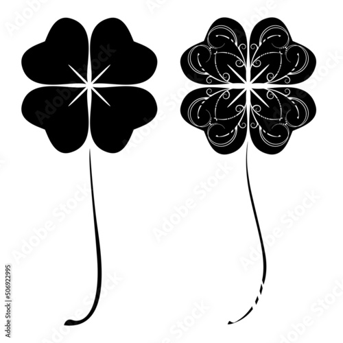 Black four-leaf clover silhouette with ethnic pattern. Monochrome Saint Patrick`s Day symbol illustration set. Vector ornate art