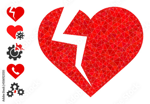 Vector lowpoly heart break icon illustration is combined with random filled triangle parts. Triangle heart break polygonal symbol vector illustration.
