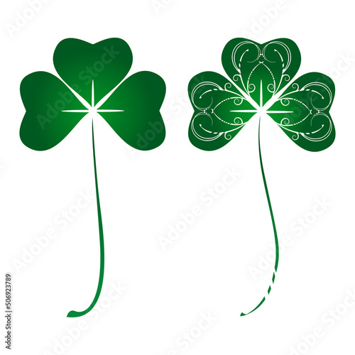 Green three-leaf clover silhouette with ethnic pattern. Monochrome Saint Patrick`s Day symbol illustration set. Vector ornate art