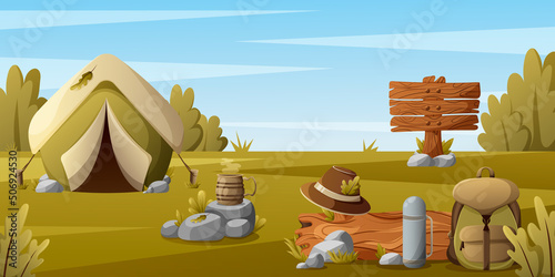 Camping background, tent, hot drink in a mug, thermos, hat, wooden board, log. Vector illustration of a landscape with sky, meadow, trees, stones. Outdoor recreation in summer. For banner, website.