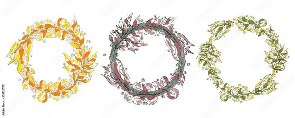 Set of vector wreaths with branches of different plants and dew drops. Three wreaths in different colors on a white background. Round invitation frame.