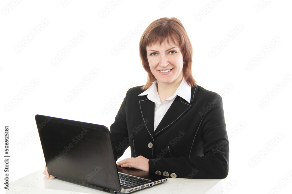 Happy woman using laptop isolated on white background Happy woman using laptop isolated on white background