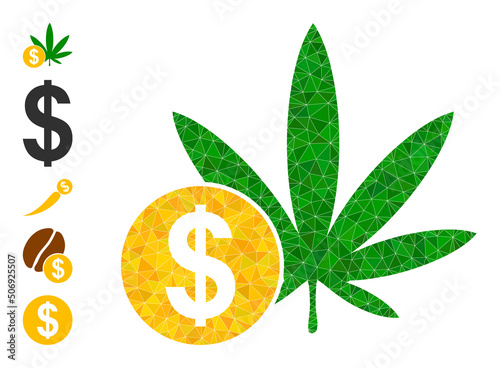 Vector triangulated cannabis price icon illustration combined with chaotic filled triangles. Triangle cannabis price polygonal 2d vector illustration.