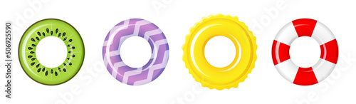 Set of Swimming rings for summer party. Inflatable rubber toy colorful collection. Kiwi, waves. Top view swimming circle for ocean, sea, pool. Lifebyou swimming rings. Summer vacation or trip safety