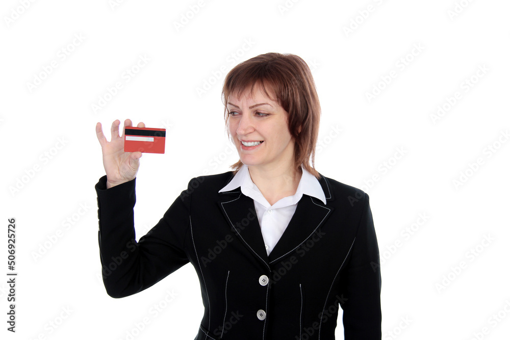 Cheerful businesswoman showing credit card isolated over white background Cheerful businesswoman showing credit card isolated over white background