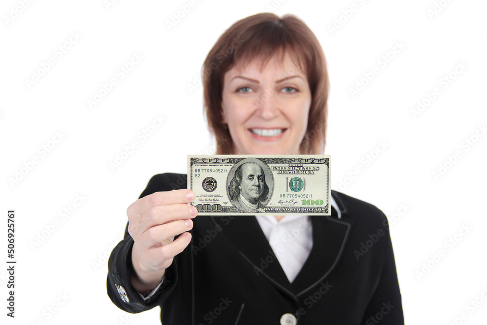 Woman holding a dollar bill - isolated over a white background Woman holding a dollar bill - isolated over a white background