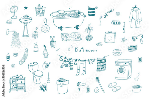 Bathroom interior objects vector illustrations set.