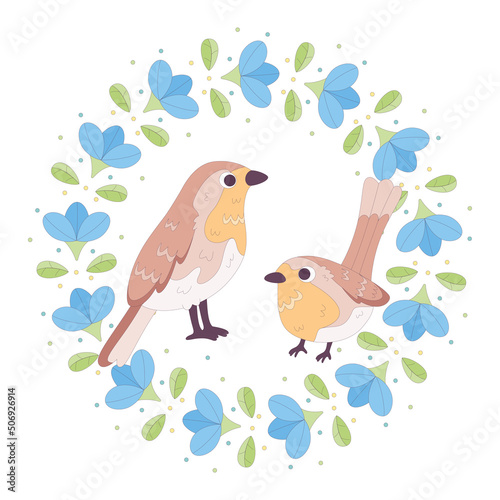 Isolated cute birds in a floral frame Vector illustration