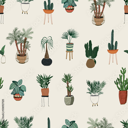 Home potted plants vector seamless pattern