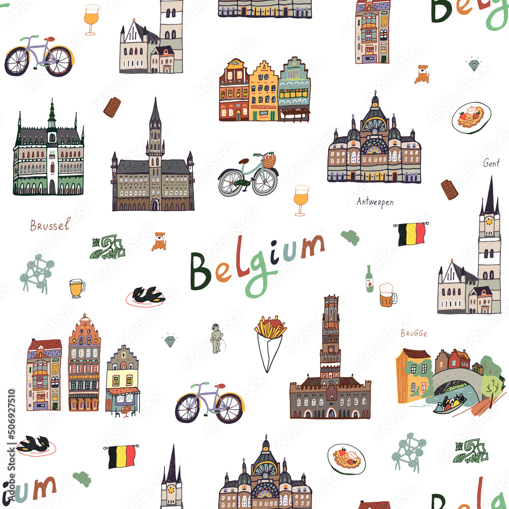 Belgium traveling vector seamless pattern