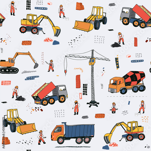 Building : construction crane truck concrete mixer builders vector seamless pattern