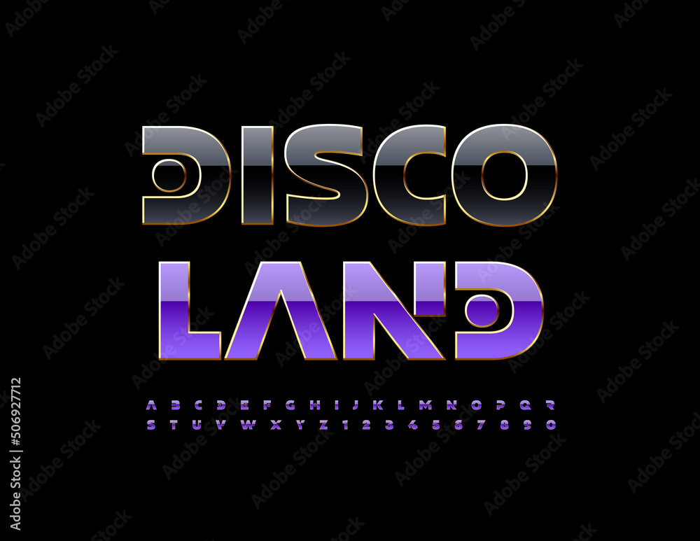 Vector stylish logo Disco Land. Unique Violet Alphabet Letters and Numbers set. Chic bright Font. - obrazy, fototapety, plakaty 
