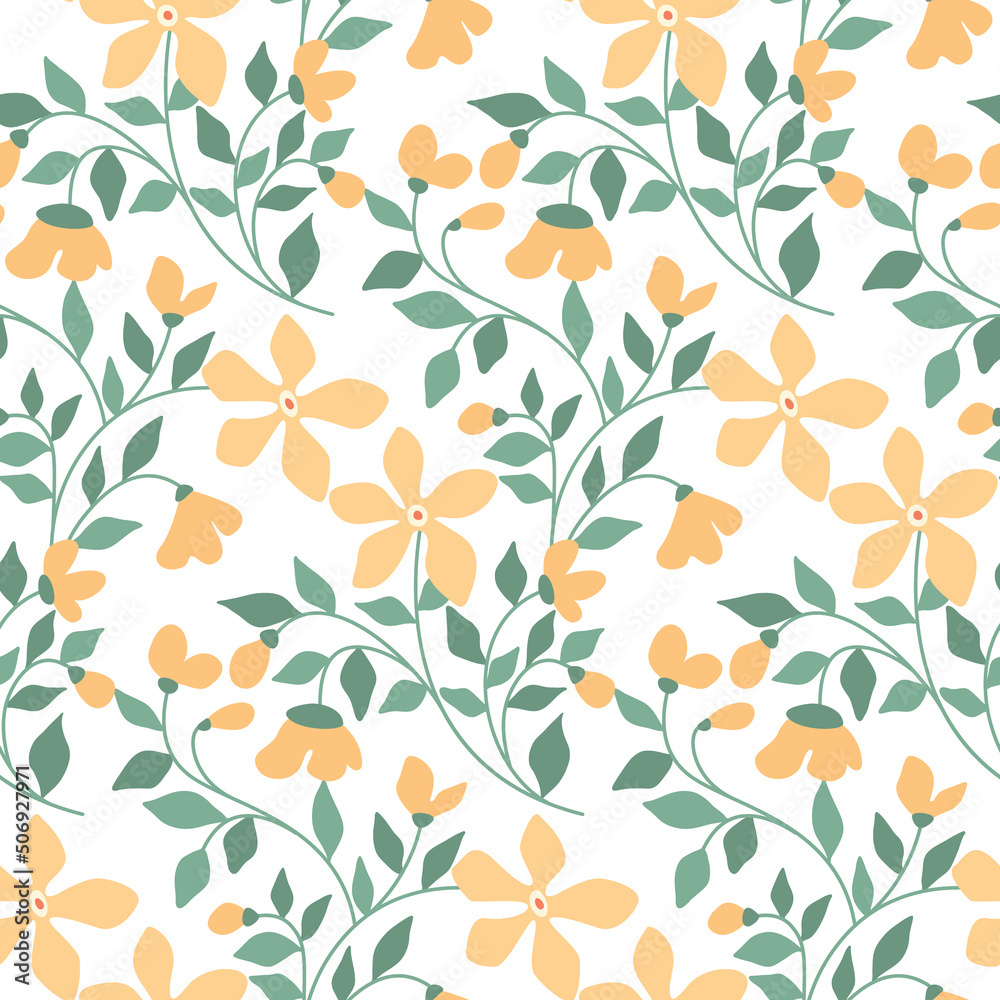 Seamless pattern with delicate botanical composition on a white background. Rustic floral print, romantic surface design with small flowers, leaves on thin twigs. Vector illustration. Seamless pattern with delicate botanical composition on a white background. Rustic floral print, romantic surface design with small flowers, leaves on thin twigs. Vector illustration.