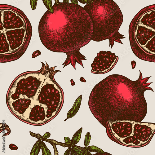 Fruits seamless pattern background design. Engraved style. Hand drawn garnet.