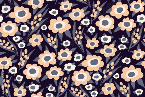 Seamless pattern with cute flower meadow, simple sketch flowers, leaves on a blue field. Simple floral print, botanical background with small pink flowers. Vector illustration.