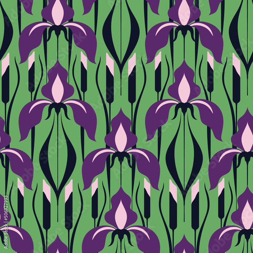 Seamless pattern in art deco style. Trendy colors floral print, elegant botanical background with decorative plants, iris flowers on long stems, leaves on a green field. Vector illustration.
