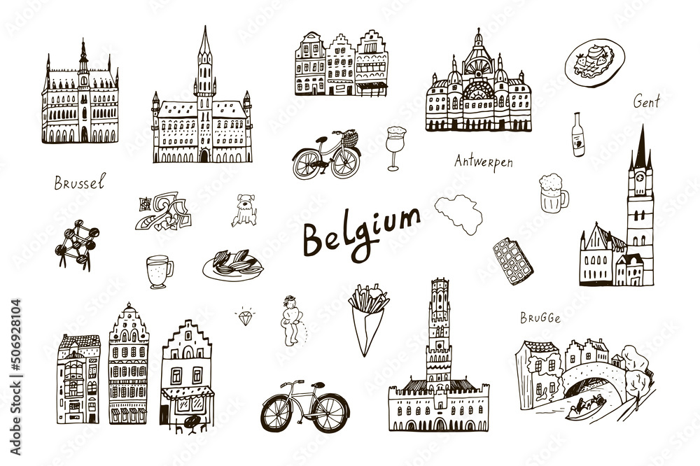 Belgium traveling vector line illustrations set