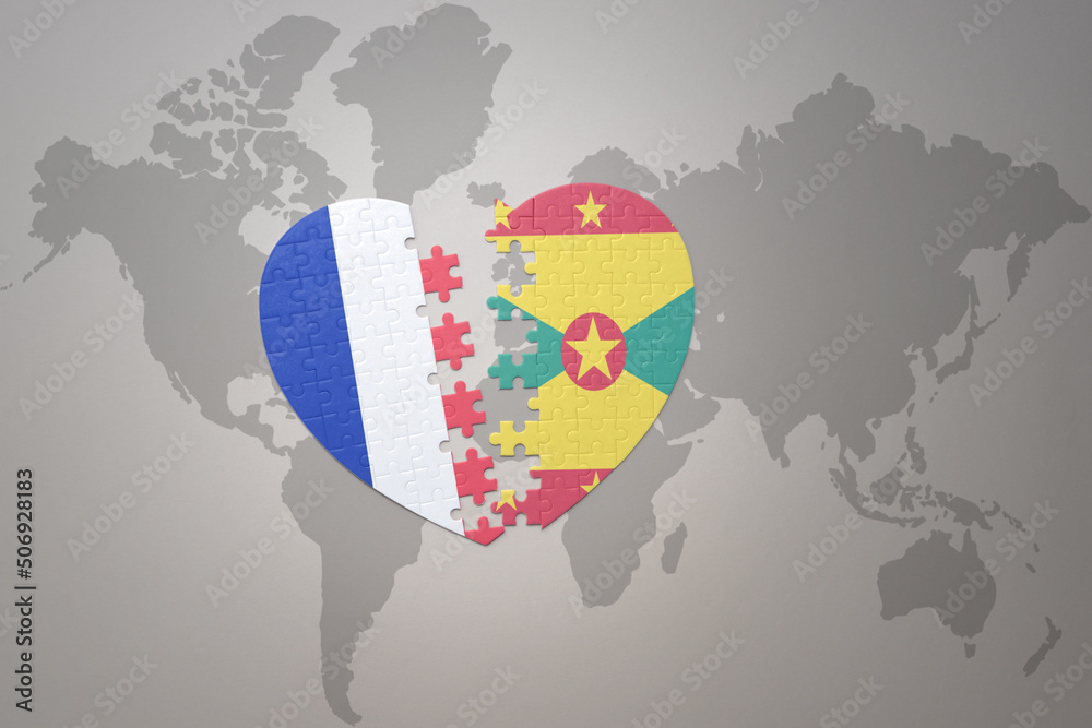 puzzle heart with the national flag of france and grenada on a world ...