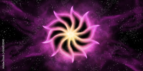 Sahasrara chakra is purple in the black starry sky.