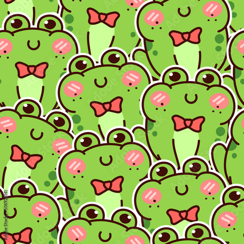 Cute green frog. Kawaii seamless pattern.