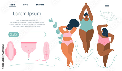 Body positive young girls lies and Choice hygienic device pads, menstrual cup and tampon. Vector illustrations menstrual period cycle, PMS and blood is NORMAL