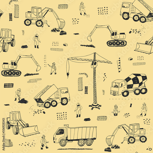 Building : construction crane truck concrete mixer builders vector seamless pattern