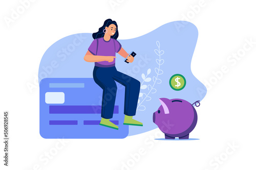 Online banking web concept in flat design. Happy woman uses mobile application for financial account, money transfer, payments from her credit card and savings in piggy bank. Vector illustration
