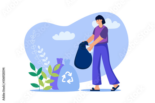 People collecting garbage web concept in flat design. Woman collects garbage and separates it into bags for recycling. Eco activist gathering trash and takes care of ecology. Vector illustration