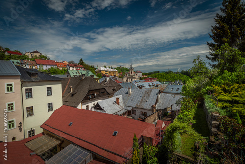 View in Banska Stiavnica town in cloudy day after rain