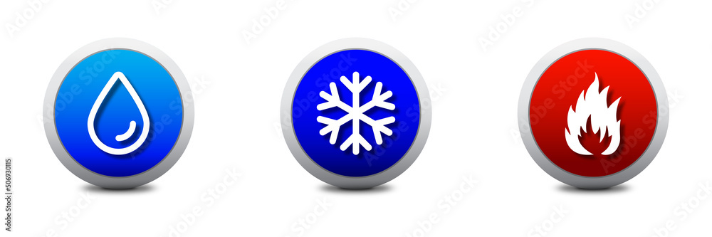 Water, fire, and snowflake icons. Hot and cold symbols. Warmth and cold. Freezing snow and fire icon Flat vector illustration. Water, fire, and snowflake icons. Hot and cold symbols. Warmth and cold. Freezing snow and fire icon Flat vector illustration.