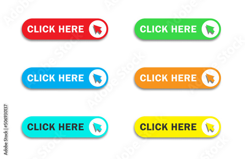 Click here button with arrow pointer clicking icon. Web button. Flat vector illustration.