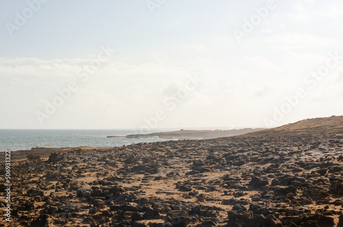 Landscape of the Colombian Caribbean coast in the Guajira desert with sea and land.