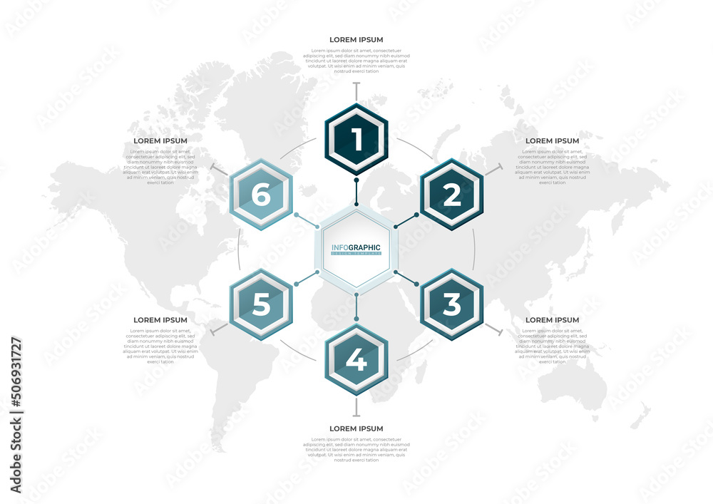 Modern infographic presentation in 6 steps with world map. Creative hexagonal infographic concept. Modern infographic presentation in 6 steps with world map. Creative hexagonal infographic concept.