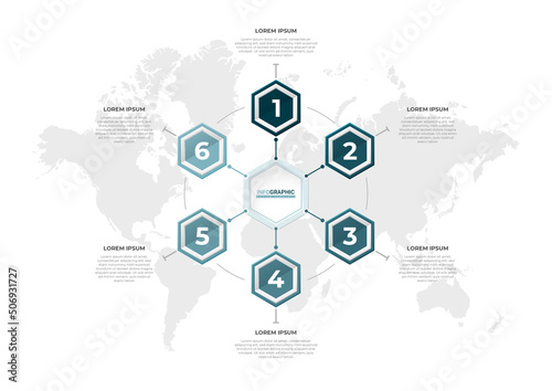 Modern infographic presentation in 6 steps with world map. Creative hexagonal infographic concept.