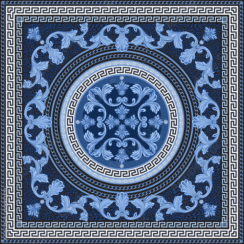 Blue Baroque scrolls, indigo Greek key pattern frieze, silver chain, meander border, floral swirls on a blue and black leopard skin background 