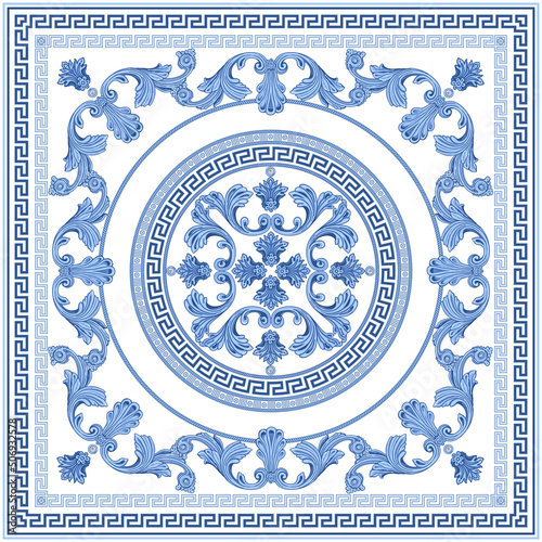 Shawl with blue Baroque scrolls, indigo Greek key pattern frieze, meander border, floral swirls on a white background 